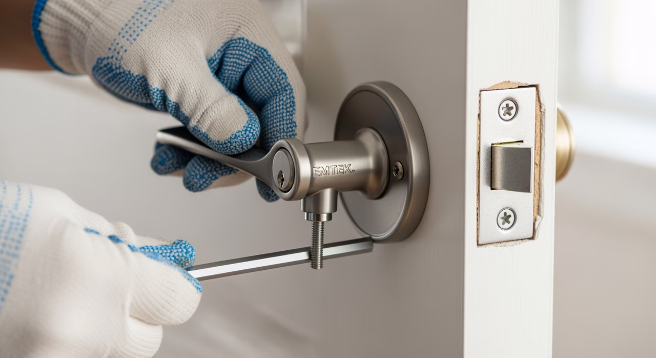 Toronto door-hardware installer setting Emtek Tuscany solid-brass lever handleset onto interior solid-core MDF door, mortise-lock chassis at latch-and-deadbolt bore, set-screw hex-key engaged at lever-shaft, satin-nickel finish
