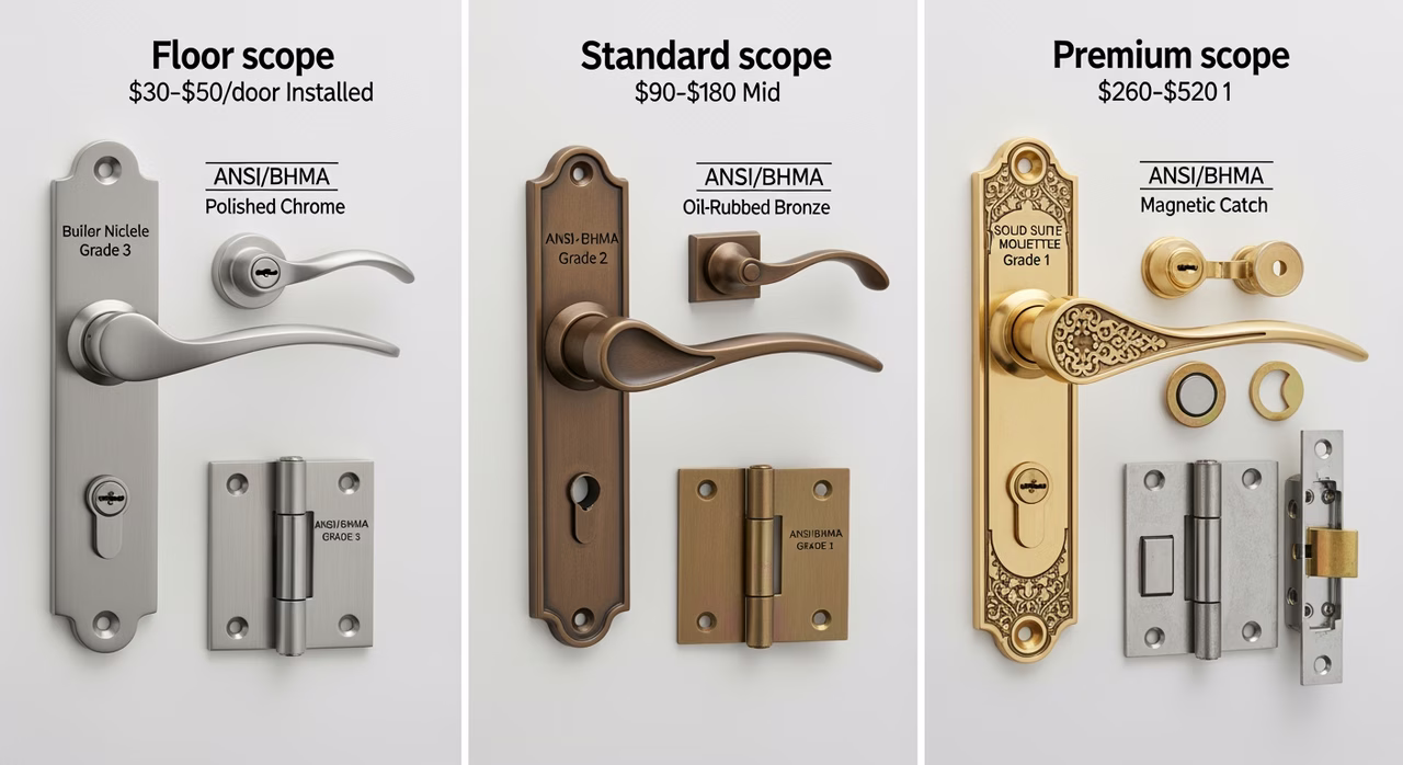 Three Toronto door-hardware tiers compared: floor Schlage Plymouth or Kwikset Tustin grade-3 builder-grade lever or knob in satin-nickel or polished-chrome at $30-$50/door, standard Schlage F-Series grade-2 or Emtek Tuscany grade-1 solid-brass lever in satin-nickel or oil-rubbed-bronze full handleset matching hinges at $90-$180, premium Emtek Solid Brass full-suite handleset custom rosette matching ball-bearing hinges magnetic catch mortise-lock chassis at $260-$520