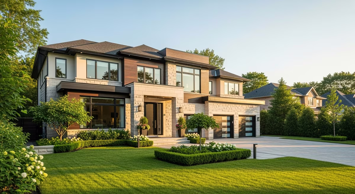 Toronto Oakville 2020s detached luxury home with manicured landscaping at golden hour where full-house premium Emtek solid-brass door hardware commonly runs $260-$520 per door across 15+ doors in 4-bedroom GTA luxury build