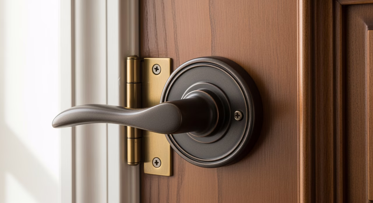Completed Toronto luxury master-bedroom door close-up with newly-installed Emtek Tuscany solid-brass lever handleset in oil-rubbed-bronze finish, matching solid-brass ball-bearing hinges, custom rosette plate