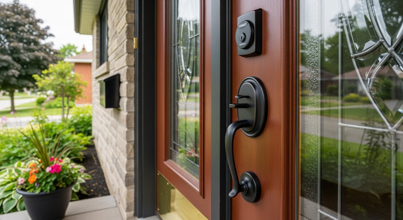 Close-up of professional door hardware installation work delivered in Burlington