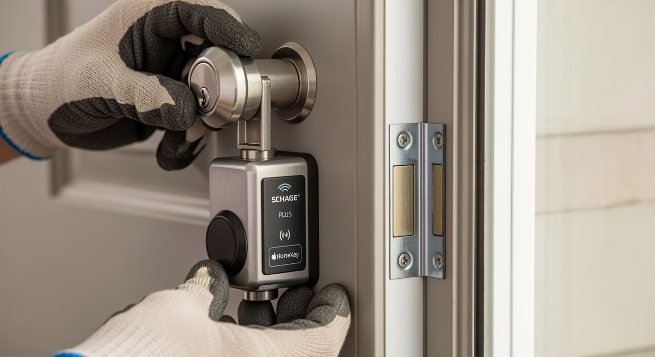 Toronto door-lock-installer mounting Schlage Encode Plus smart deadbolt onto exterior face of Therma-Tru fibreglass entry door, Z-Wave Plus radio module and Apple HomeKey NFC reader on cylinder housing, mortise router-cut faceplate hole prepped, strike-plate template aligned