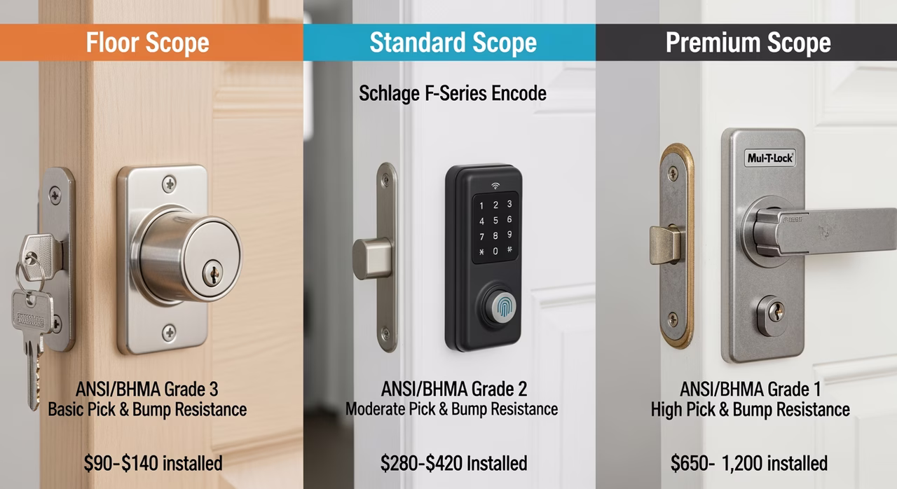 Three Toronto door-lock tiers compared: floor Schlage Plymouth grade-3 single-cylinder deadbolt key-only at $90-$140, standard Schlage F-Series Encode smart deadbolt Wi-Fi fingerprint code-entry Schlage Home or Ring app at $280-$420, premium Mul-T-Lock Hercular multi-point or Medeco M3 high-security pin-design with restricted-key system at $650-$1,200