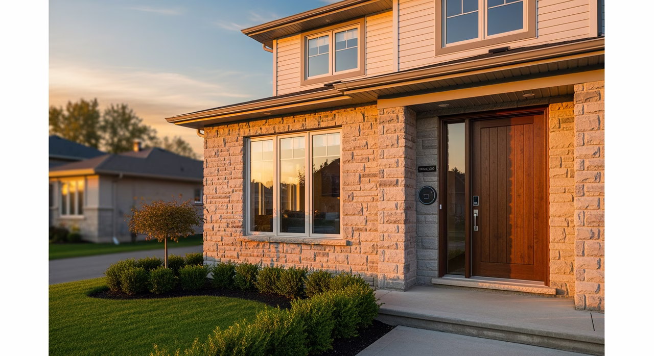 Toronto Markham 2010s detached two-storey home with stone-veneer facade and Therma-Tru fibreglass front door at golden hour where Schlage Encode Plus smart-deadbolt with HomeKey NFC integration commonly retrofits for $280-$420 and integrates with Apple Home or Ring app