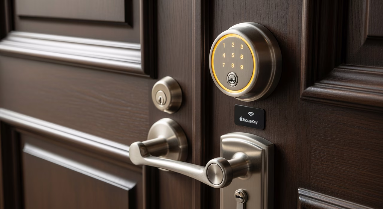 Completed Toronto front-door close-up with newly-installed Schlage Encode Plus smart deadbolt in satin-nickel finish, illuminated keypad ring active in soft amber LED, integrated Apple HomeKey NFC reader, paired matching Schlage F-Series handleset