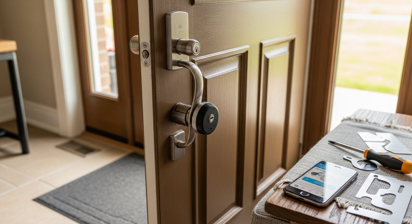 Close-up of professional door lock installation & upgrade work delivered in Brock