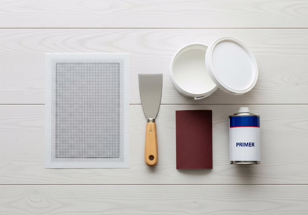 Drywall patch kit materials — mesh patch, joint compound, putty knife, sandpaper, primer