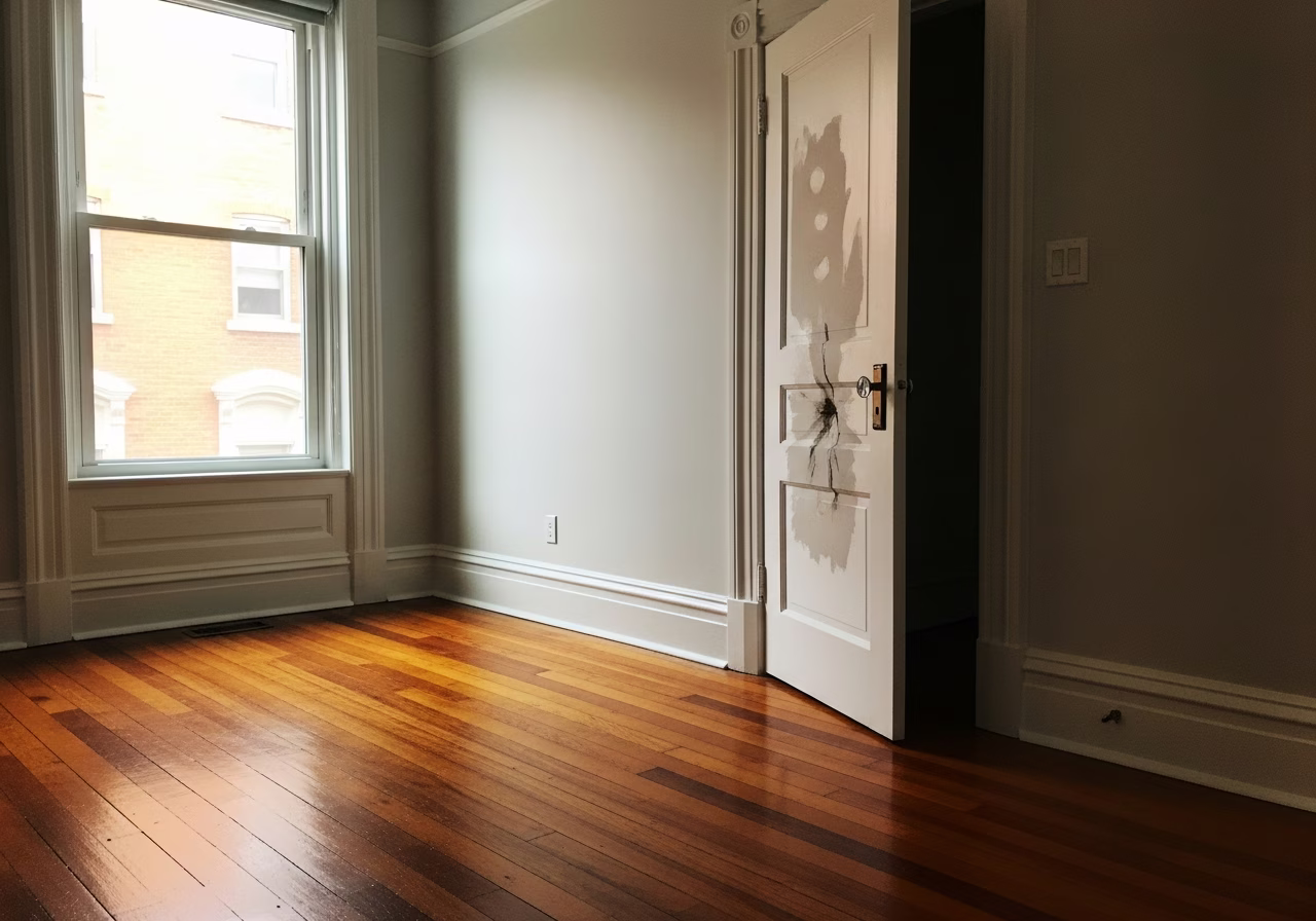 Doorknob hole repair in Toronto Victorian rowhouse bedroom with original wood trim