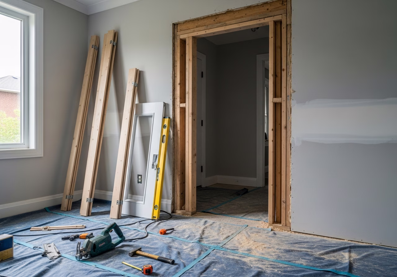 Doorway Widening for Accessibility in progress: tools, materials, and protective floor covering staged for a Toronto window a
