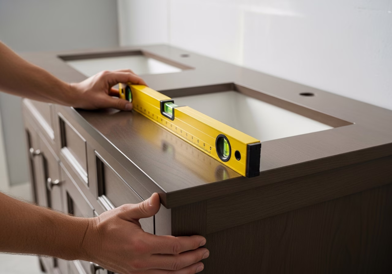 Leveling double-sink vanity cabinet against Toronto bathroom wall during install