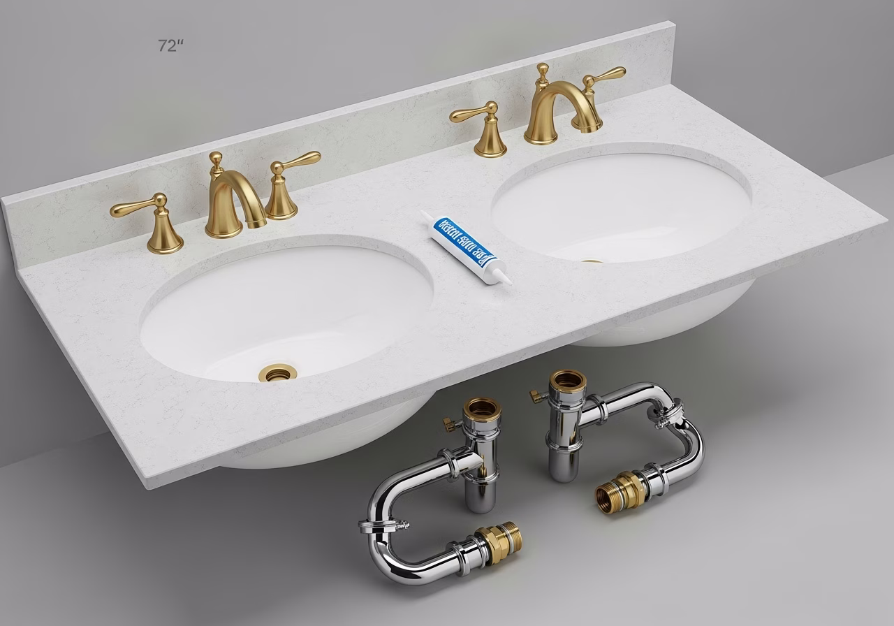 72-inch double vanity kit — quartz countertop, undermount sinks, brass faucets