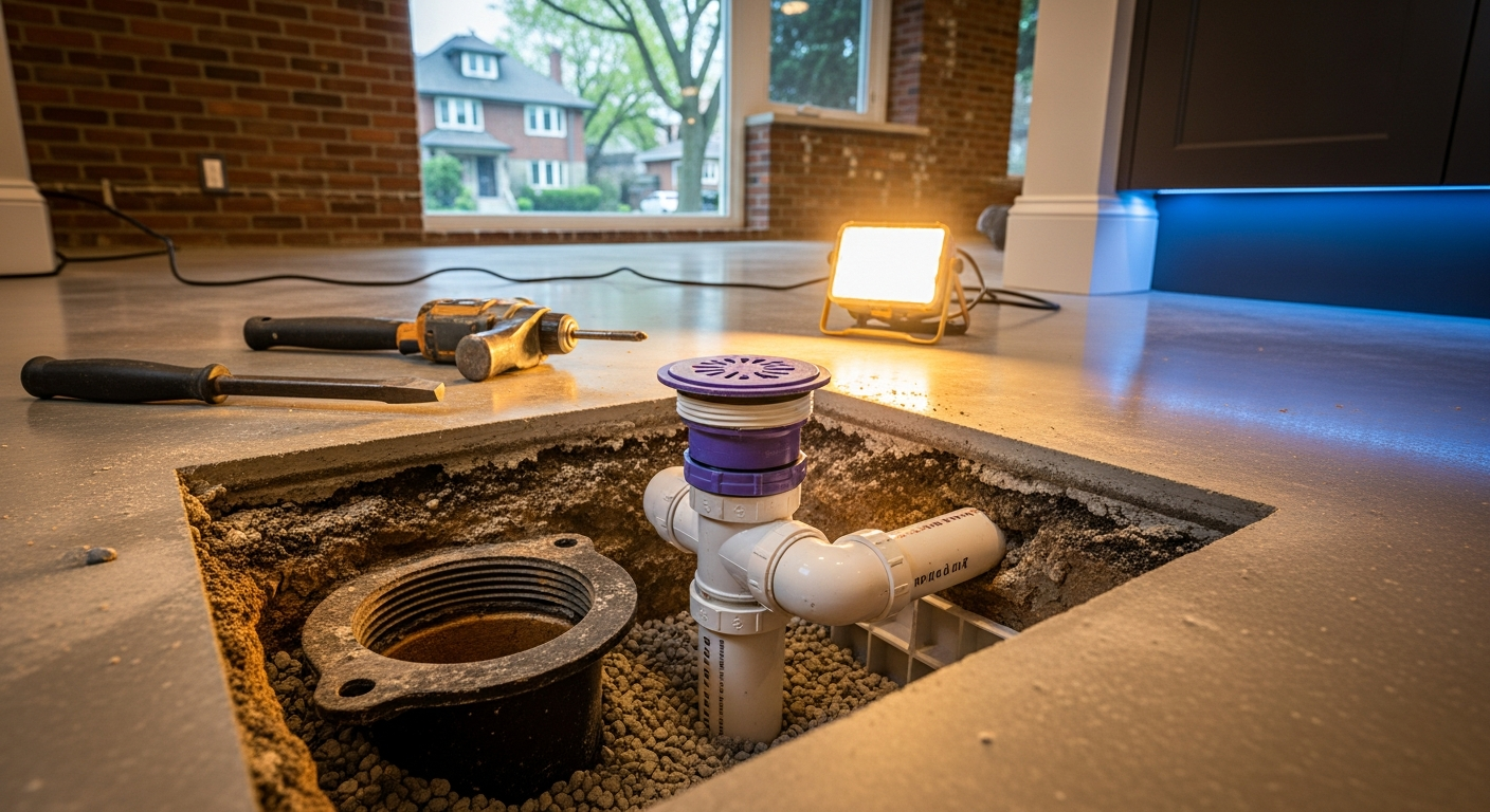 Completed drain repair work showcasing finishing details in Etobicoke