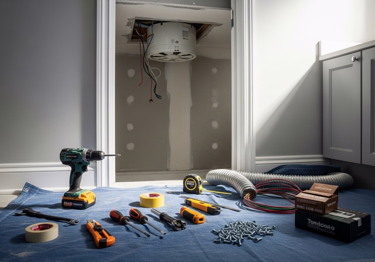 Bathroom Exhaust Fan Installation tools and materials staged in Toronto home