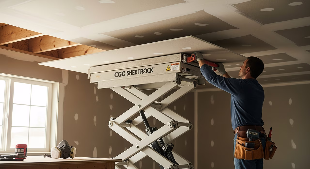 Toronto drywall ceiling specialist operating drywall lift hoisting 5/8-inch Type C 1-hr fire-rated CGC Sheetrock Firecode C panel to wood ceiling joists in upper-storey-over-attached-garage assembly per OBC 9.10.9.16, screw-gun on hip belt, partial ceiling hung with 16-inch staggered joint pattern, P100 respiratory on workbench