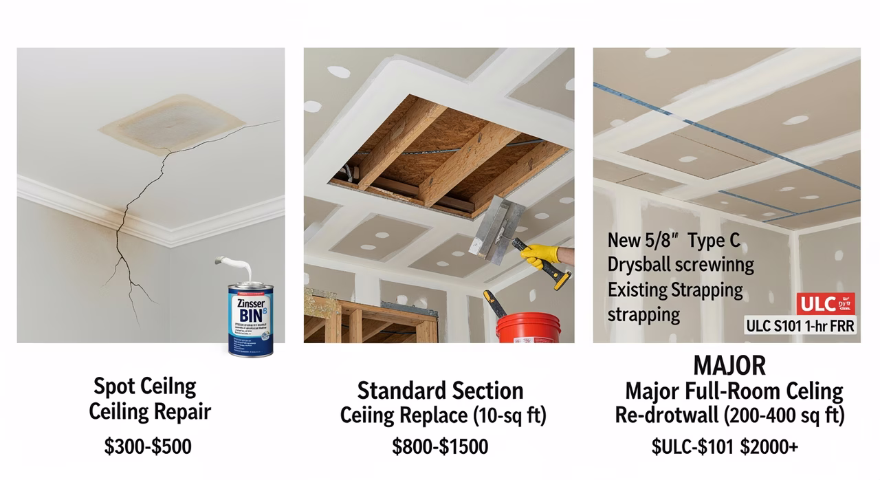 Three Toronto drywall ceiling repair tiers compared: spot water-stain shadow patch with Zinsser BIN shellac stain-blocking primer or single nail-pop, standard section replace (10-30 sq ft) for water-leak damaged drywall with cavity drying per IICRC S500 / popcorn-ceiling spot removal and smooth skim / sagging-ceiling re-screw, major full-room ceiling re-drywall with 5/8-inch Type C 1-hr FRR per ULC S101 / full popcorn-ceiling removal across 200-400 sq ft / sloped-cathedral water-damage section replace
