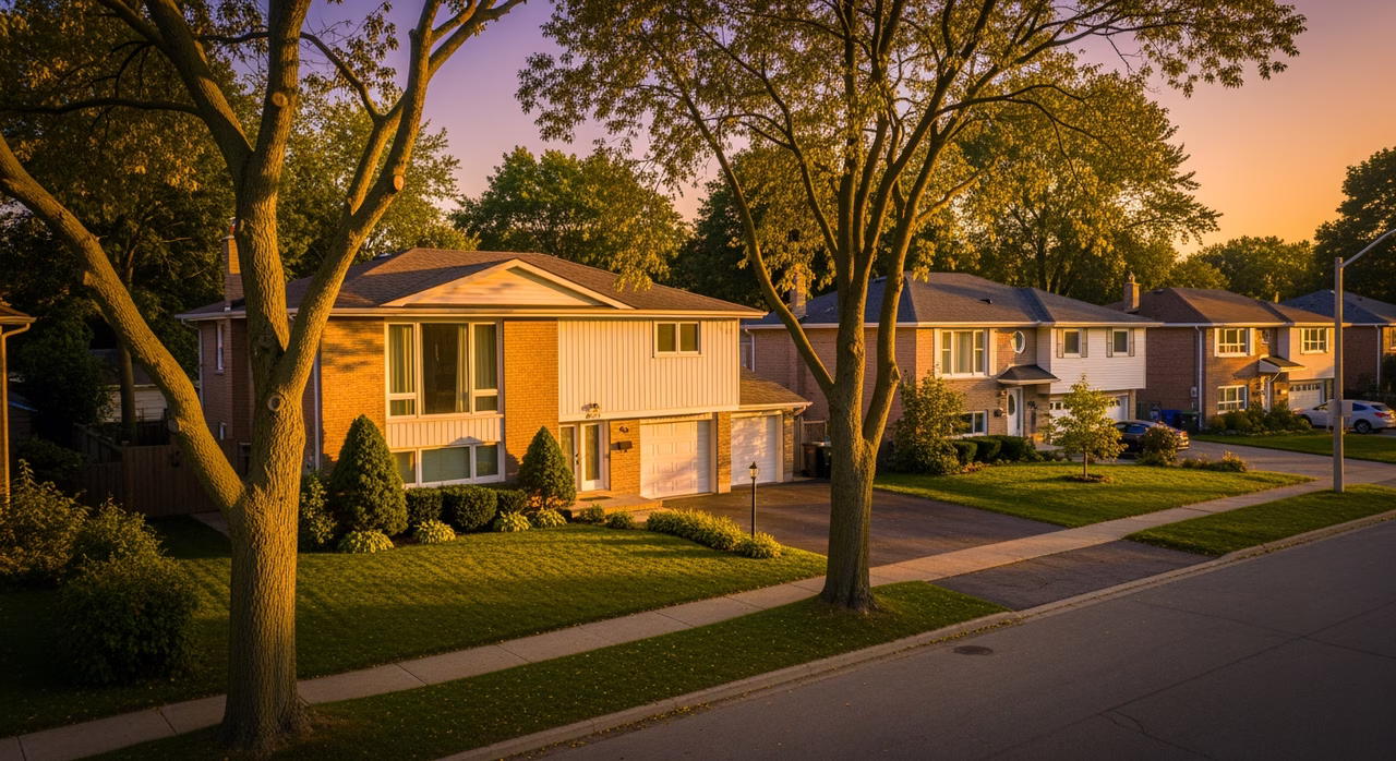 Toronto North York 1965 detached side-split-three home at golden hour with mature trees on a post-war suburban street where pre-1980 popcorn / acoustic-spray / stipple textured ceilings have HIGH-probability chrysotile asbestos positive at 5-15 percent and Ontario Reg 278/05 Designated Substance Survey is MANDATORY before any scrape, spray, or high-pressure water-spray removal scope