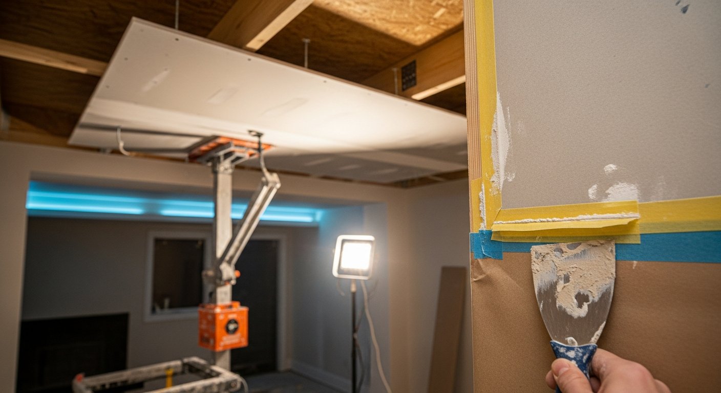 On-site drywall ceiling repair install detail at a Brampton property
