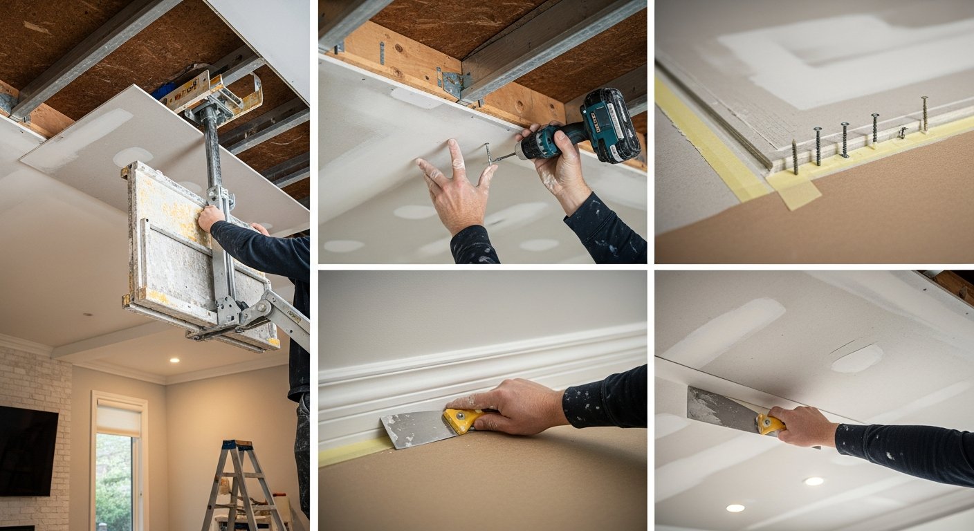 Final result of a drywall ceiling repair project at a Burlington residence