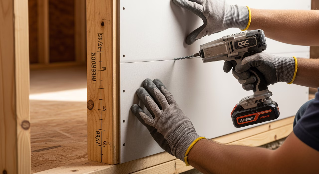 Toronto drywall installer fastening 5/8-inch Type X fire-rated CGC Sheetrock Firecode X panel to wood studs on attached-garage common wall, screw-gun setting 1-5/8-inch coarse-thread drywall screws at 12-inch on-centre per ASTM C840, screw heads dimpled below paper surface