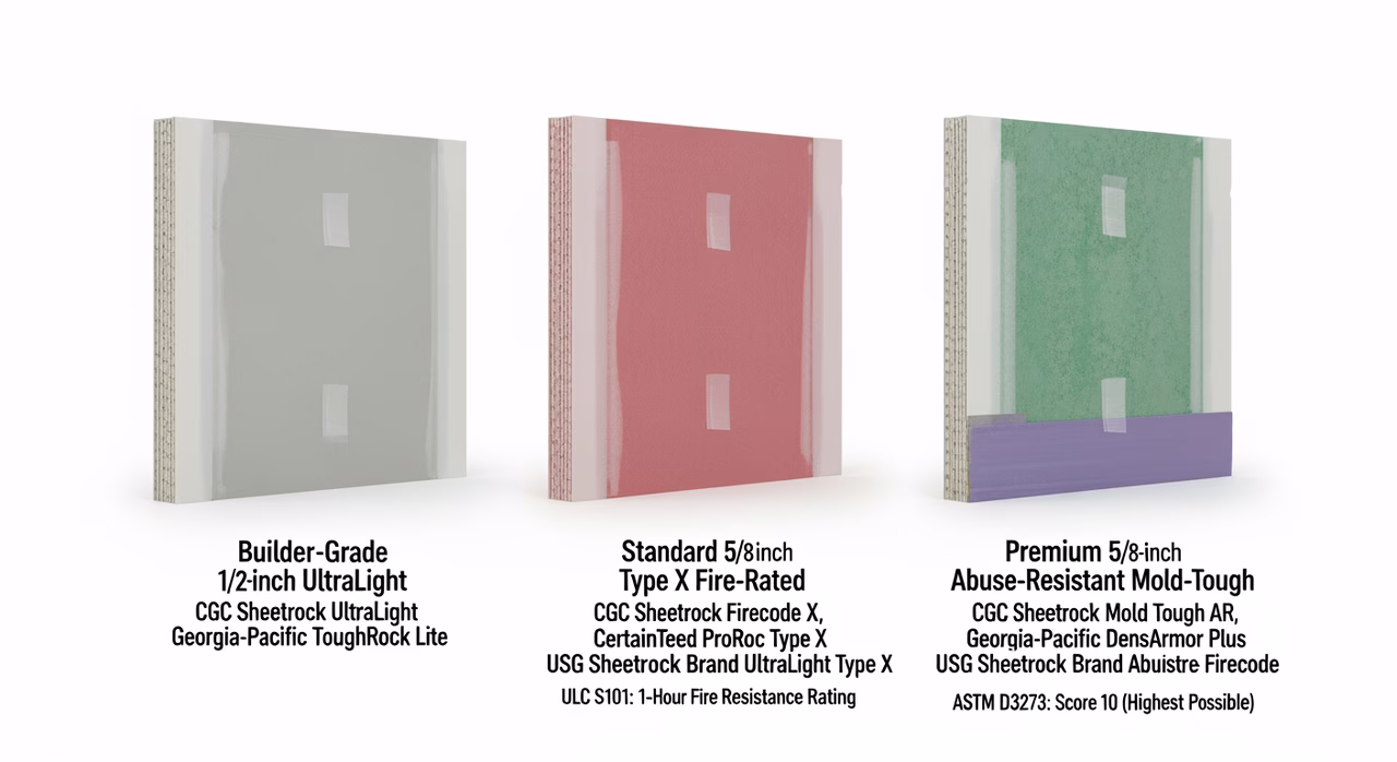 Three Toronto drywall panel tiers compared: builder-grade 1/2-inch UltraLight regular (CGC Sheetrock UltraLight, Georgia-Pacific ToughRock Lite), standard 5/8-inch Type X fire-rated for garage-house common wall per ULC S101 (CGC Sheetrock Firecode X, CertainTeed ProRoc Type X), premium 5/8-inch abuse-resistant mold-tough for high-traffic and damp area (CGC Mold Tough AR, Georgia-Pacific DensArmor Plus)