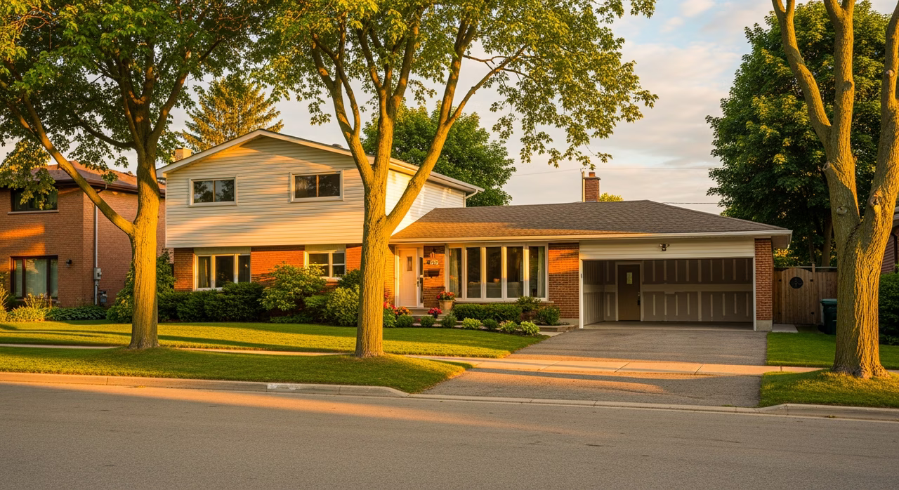 Toronto Etobicoke 1960s detached two-storey side-split home at golden hour with mature trees on a quiet suburban street where attached-garage drywall install with 5/8-inch Type X fire separation runs $3.00-$4.00 per square foot hang-only and upper-storey-over-garage Type C ceiling is required per OBC 9.10.9.16