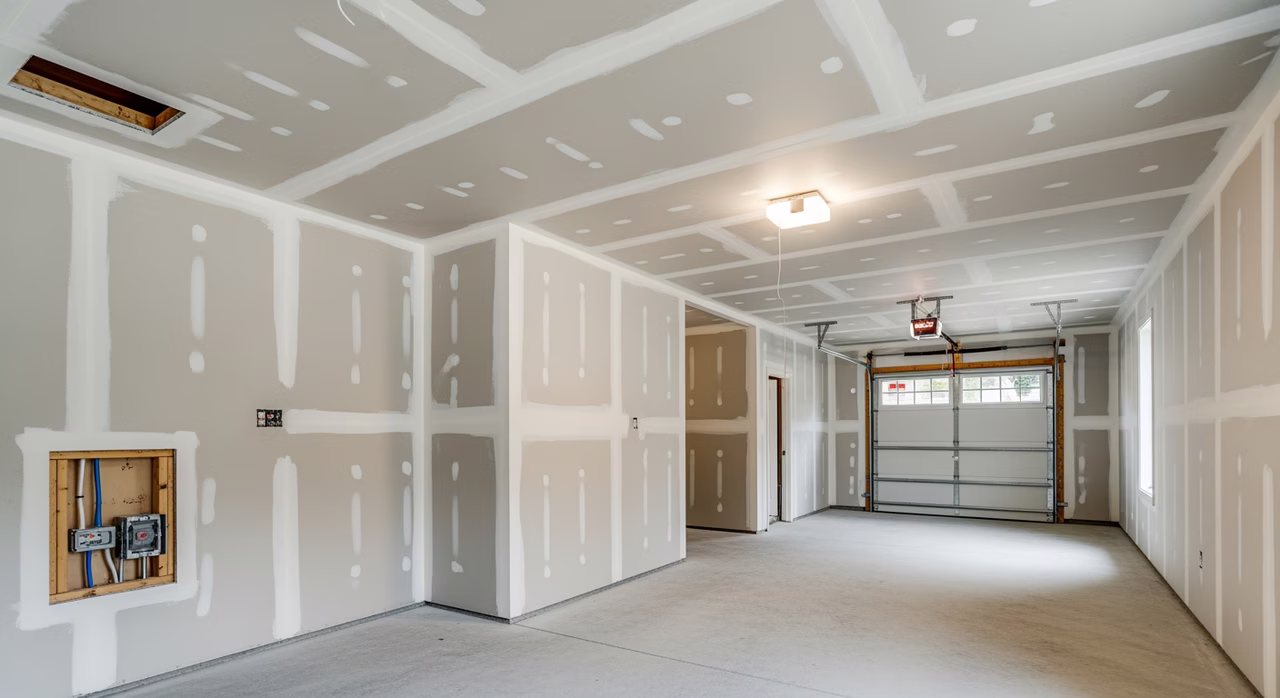 Completed Toronto attached-garage interior with fresh 5/8-inch Type X drywall ceiling and walls per OBC 9.10.9.16 1-hr fire separation, taped Level 4 finish primed in white sealer-primer, modern overhead LED light, code-compliant rough-in for second-floor habitable space above