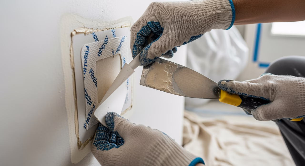 Toronto drywall repair specialist setting California-patch (cut-out plug method) into 5-inch hole in residential interior wall, paper-faced gypsum patch with peeled-back paper flap, joint compound applied with 4-inch flexible knife, mesh FibaTape Self-Adhesive backing, drop-cloth and dust-shield in background