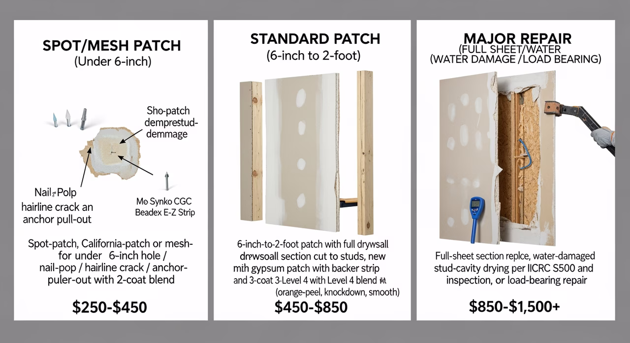 Three Toronto drywall repair tiers compared: spot-patch California-patch or mesh-patch for under 6-inch hole / nail-pop / hairline crack with 2-coat blend (CGC Synko, Beadex E-Z Strip), standard 6-inch-to-2-foot patch with new gypsum patch screwed to backer strip and 3-coat Level 4 blend with texture-match, major full-sheet section replace with water-damaged stud-cavity drying per IICRC S500 and mold inspection