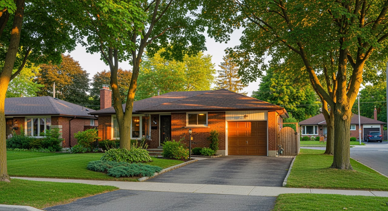 Toronto Scarborough 1970s detached bungalow with mature trees on a family street at golden hour where common drywall-repair scopes (anchor-pull-out, doorknob through wall, water-stain shadow, popcorn-ceiling spot repair) run $250-$1,500 per job and pre-1980 stock requires Ontario Reg 278/05 asbestos DSS on any joint-compound disturbance