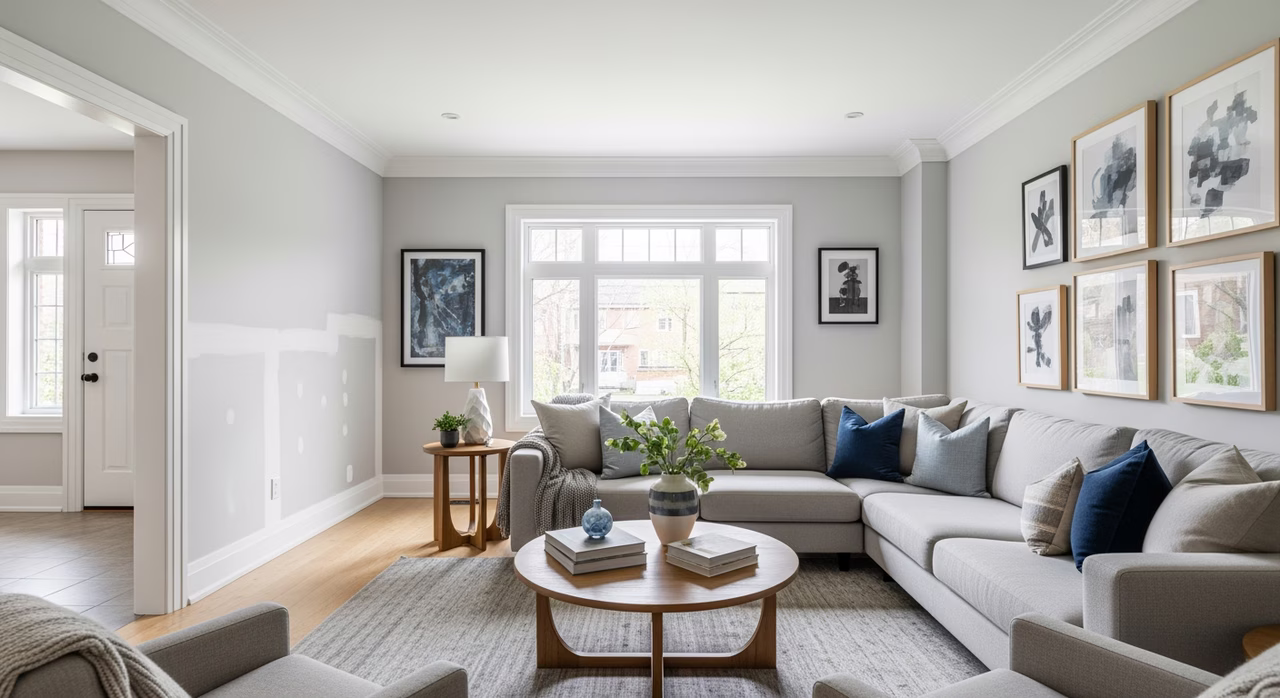 Completed Toronto family living room with seamlessly-patched drywall section (formerly 16-by-24-inch water-stain damaged patch) showing perfect Level 4 blend with surrounding wall, painted Benjamin Moore Edgecomb Gray matte, original baseboard and crown moulding intact
