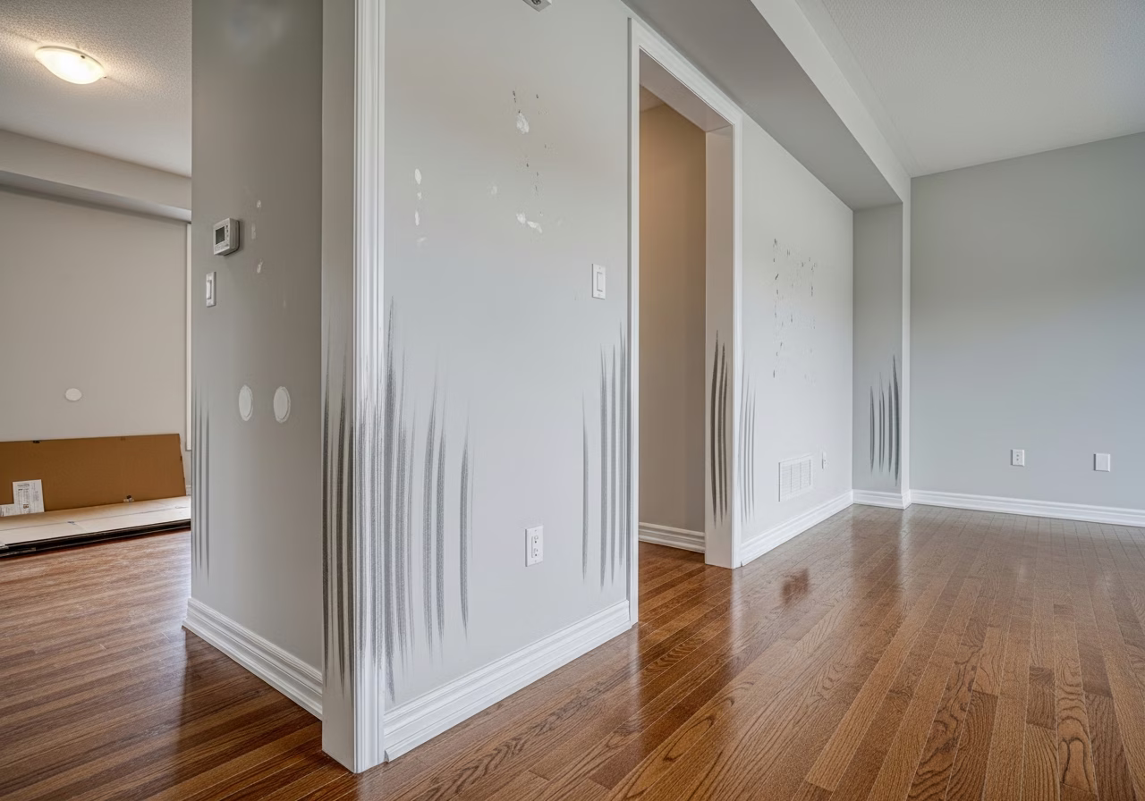 Moving-day drywall scuff marks in Brampton Mount Pleasant new townhouse