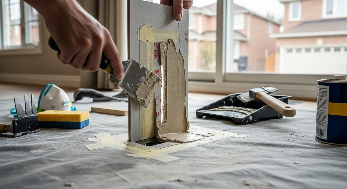 On-site drywall repair install detail at a Newmarket property