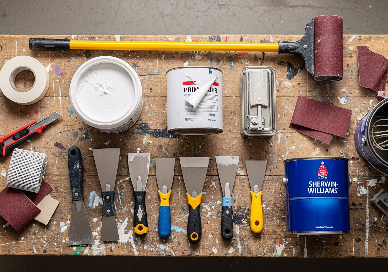 Drywall repair materials on Etobicoke contractor workbench — compound, knives, primer