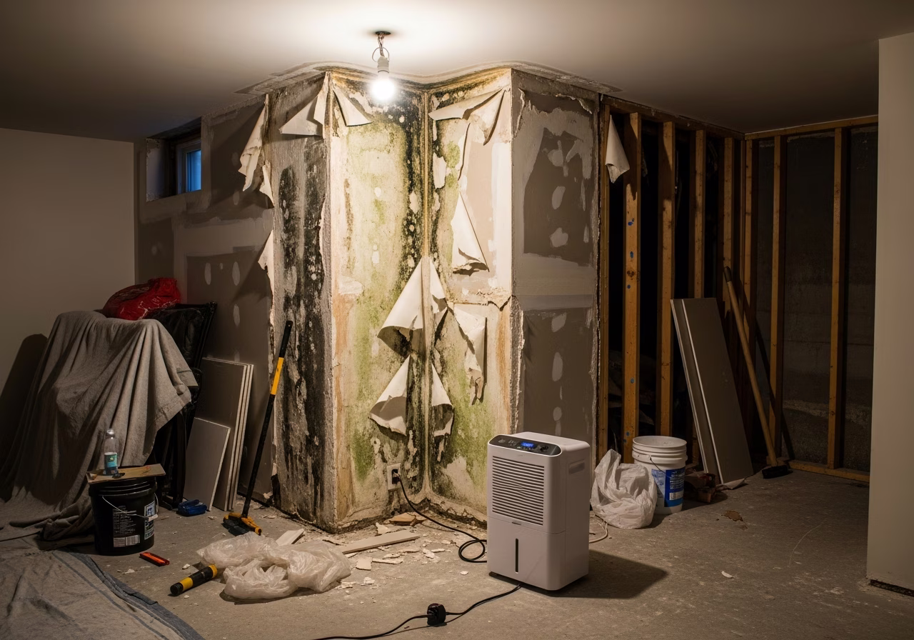Water-damaged basement drywall in Etobicoke Mimico semi-detached home — dehumidifier in use