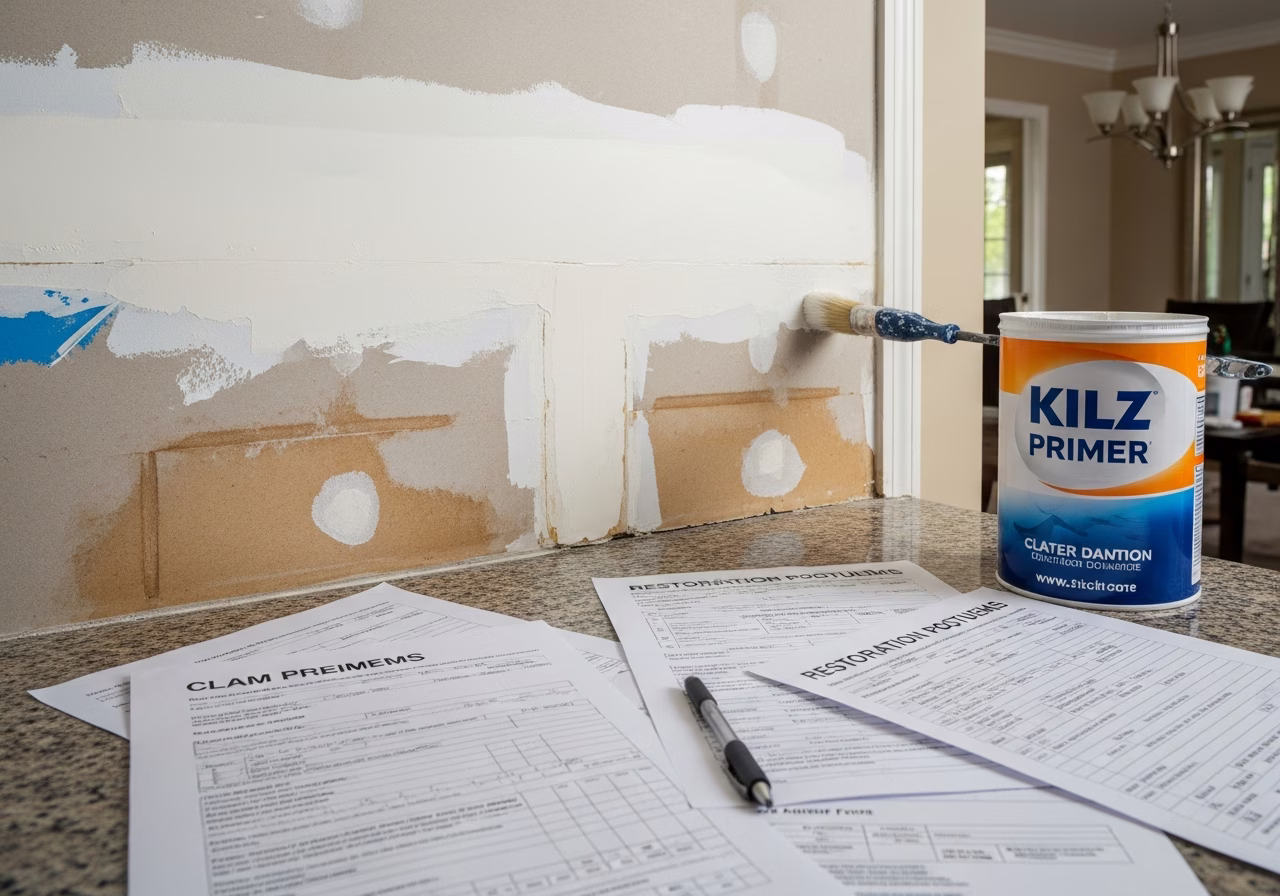 Insurance claim water damage drywall repair with Kilz primer — Toronto restoration scope