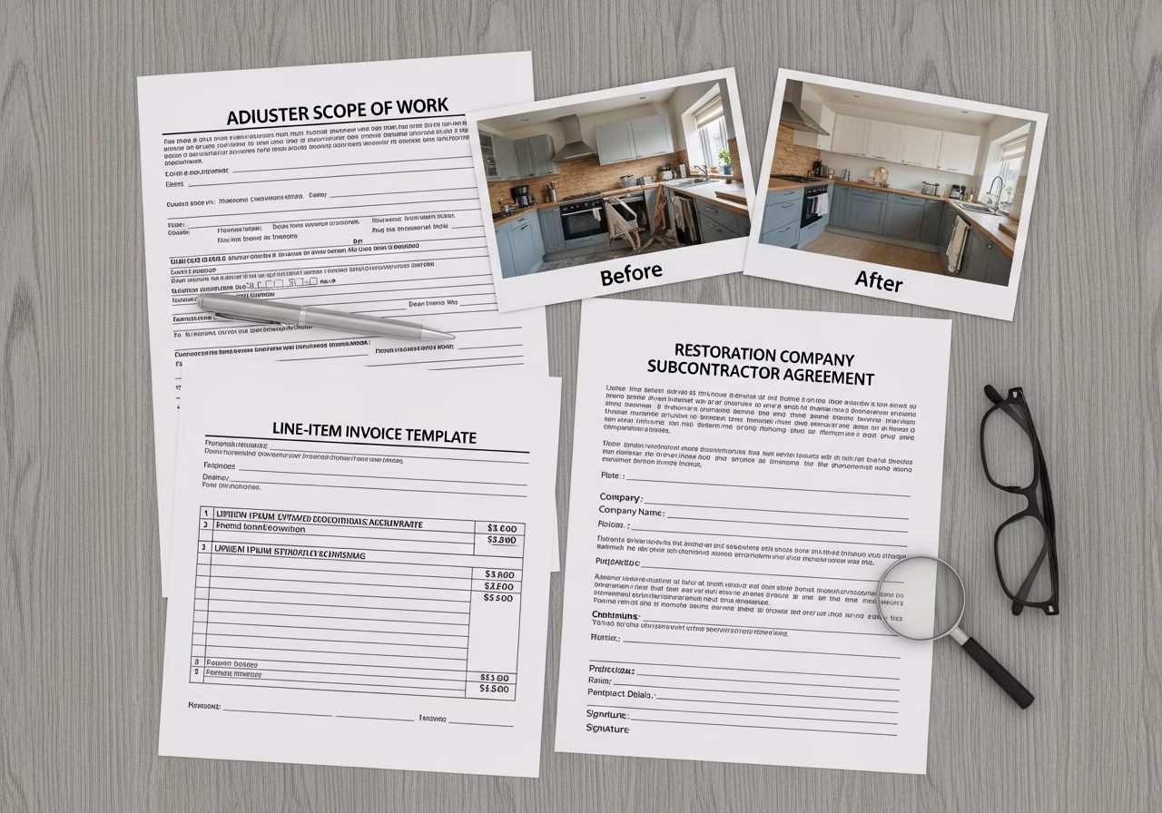 Insurance scope-of-work documentation — adjuster form, photos, line-item invoice