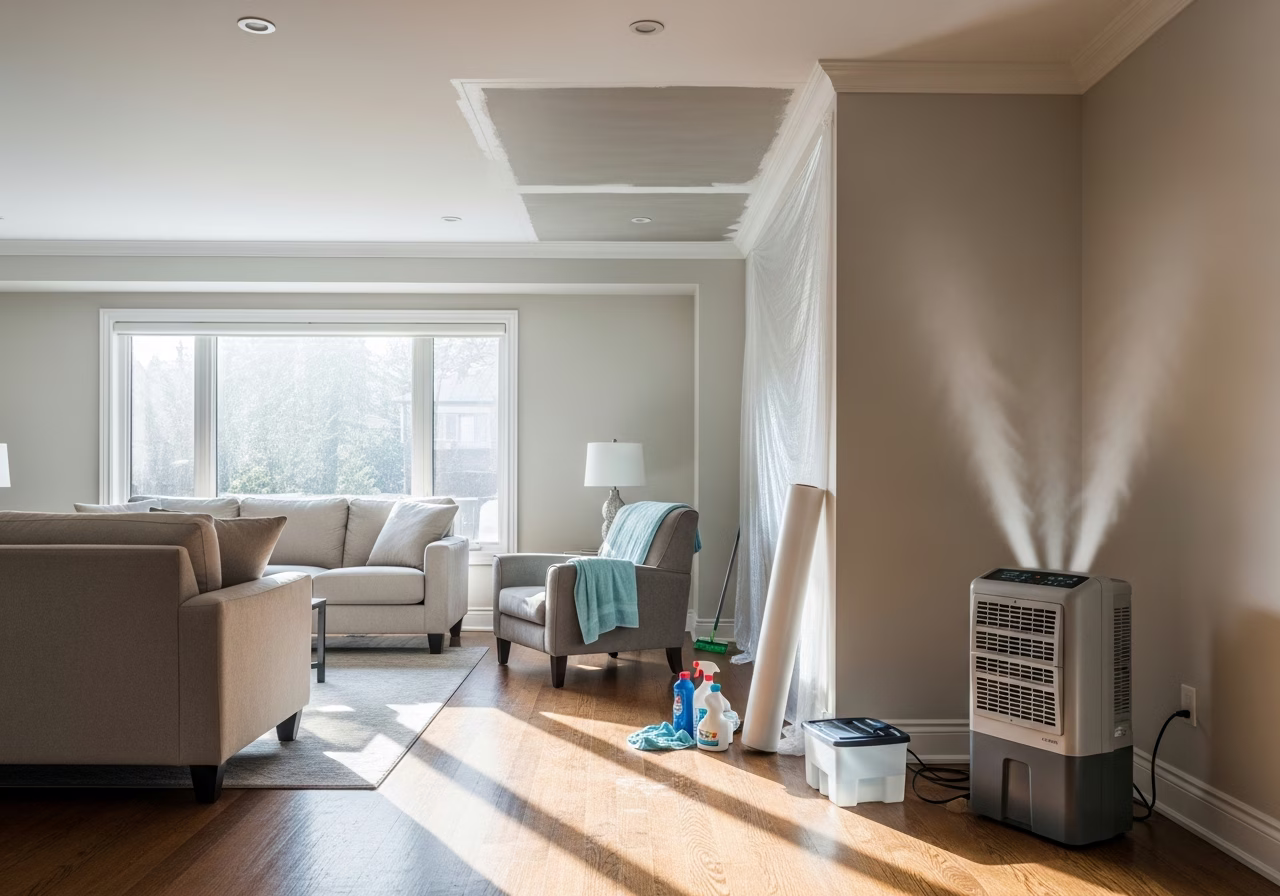 Restored ceiling drywall in Toronto family room after water damage — dehumidifier active