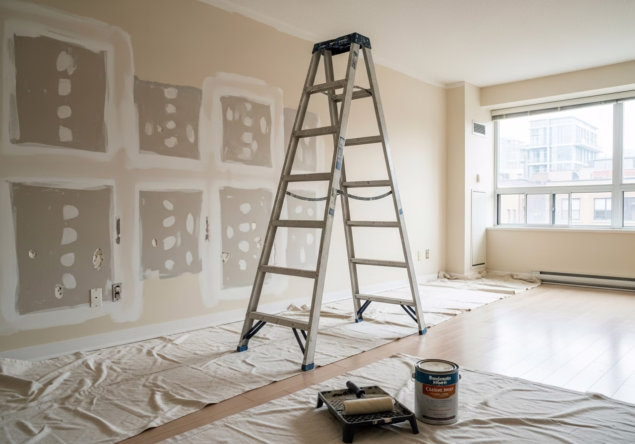 Tenant turnover drywall patching in empty Toronto rental unit — between leases