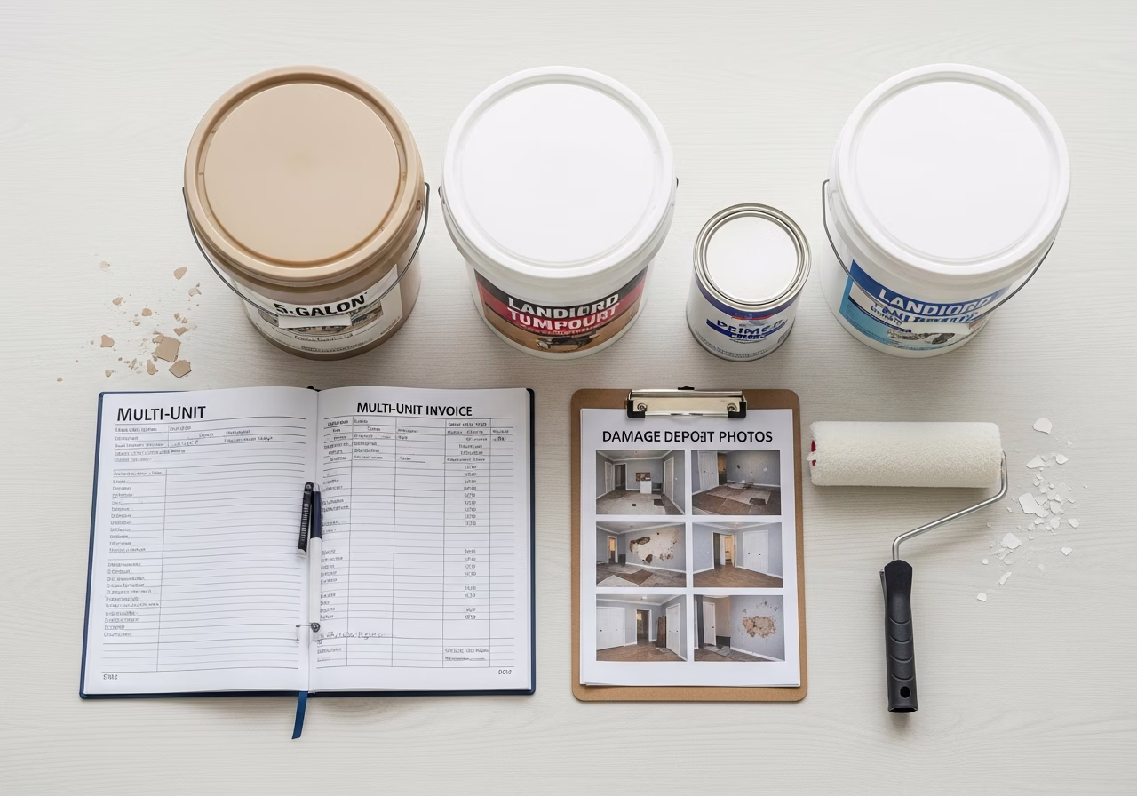 Landlord turnover repair kit — invoice book, damage deposit photo clipboard, compound