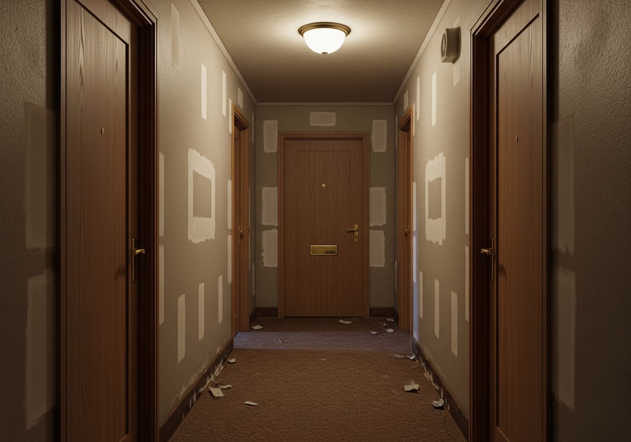 Multi-unit apartment hallway with drywall closing-month repairs in GTA mid-rise