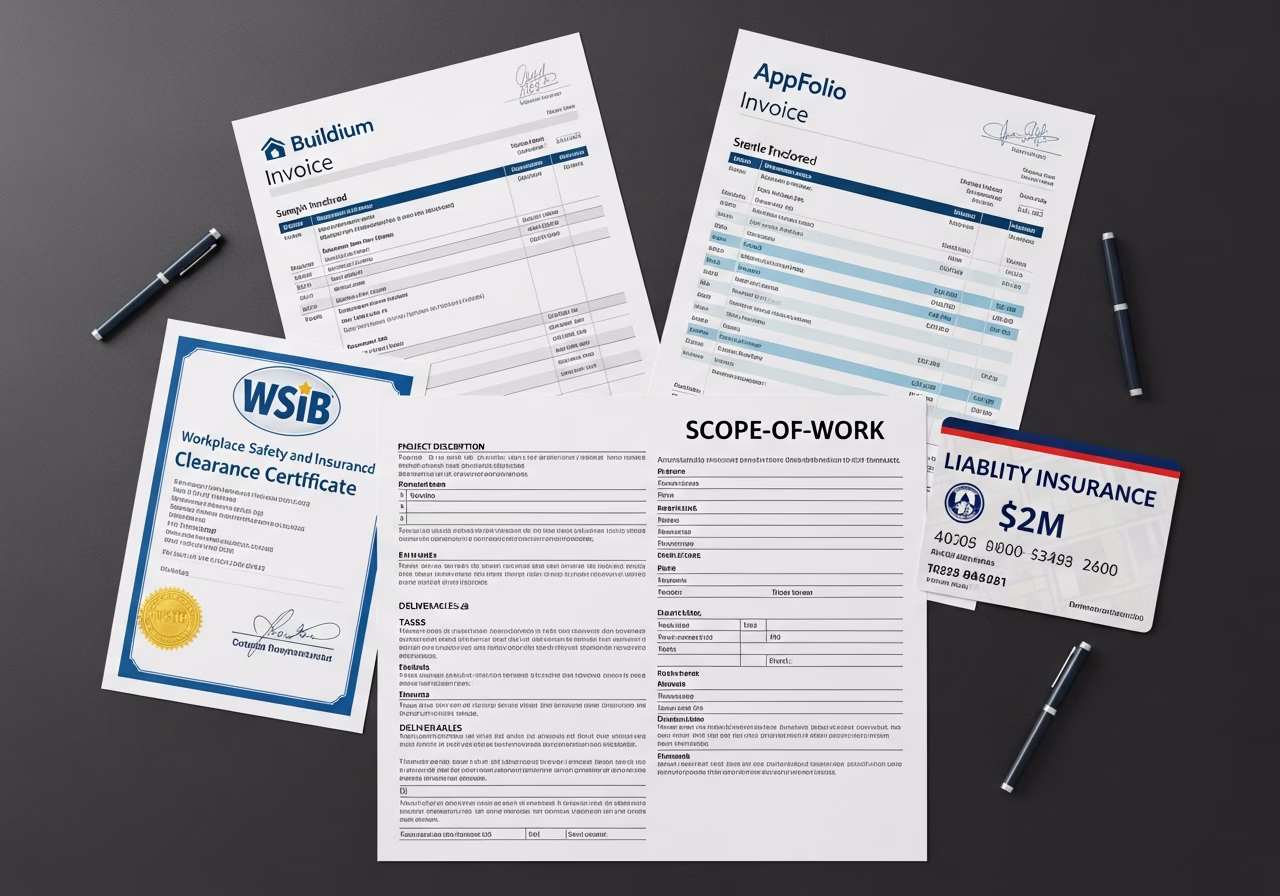 Property management documentation — Buildium invoice, WSIB cert, liability insurance card