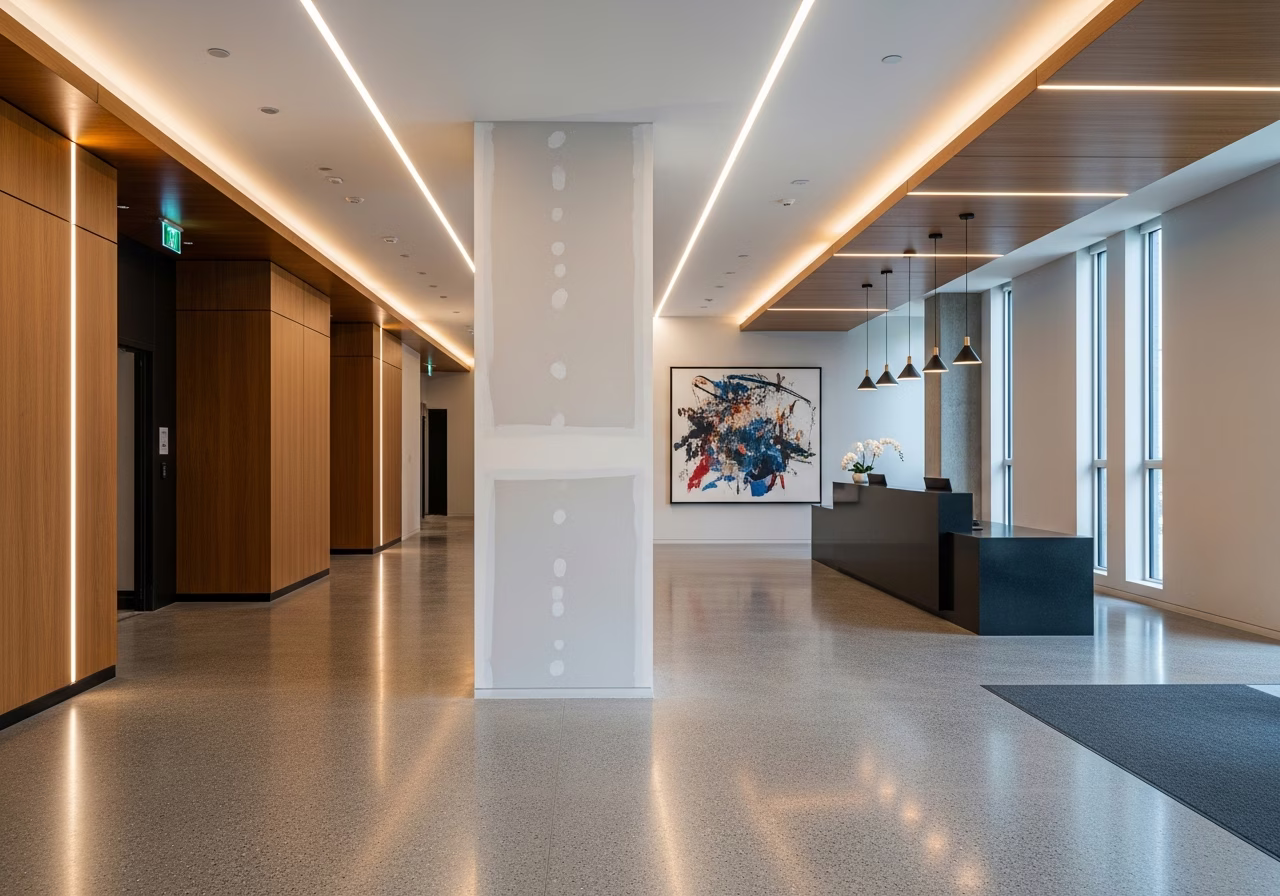 Common-area drywall repair in Toronto condo property lobby — common-element scope