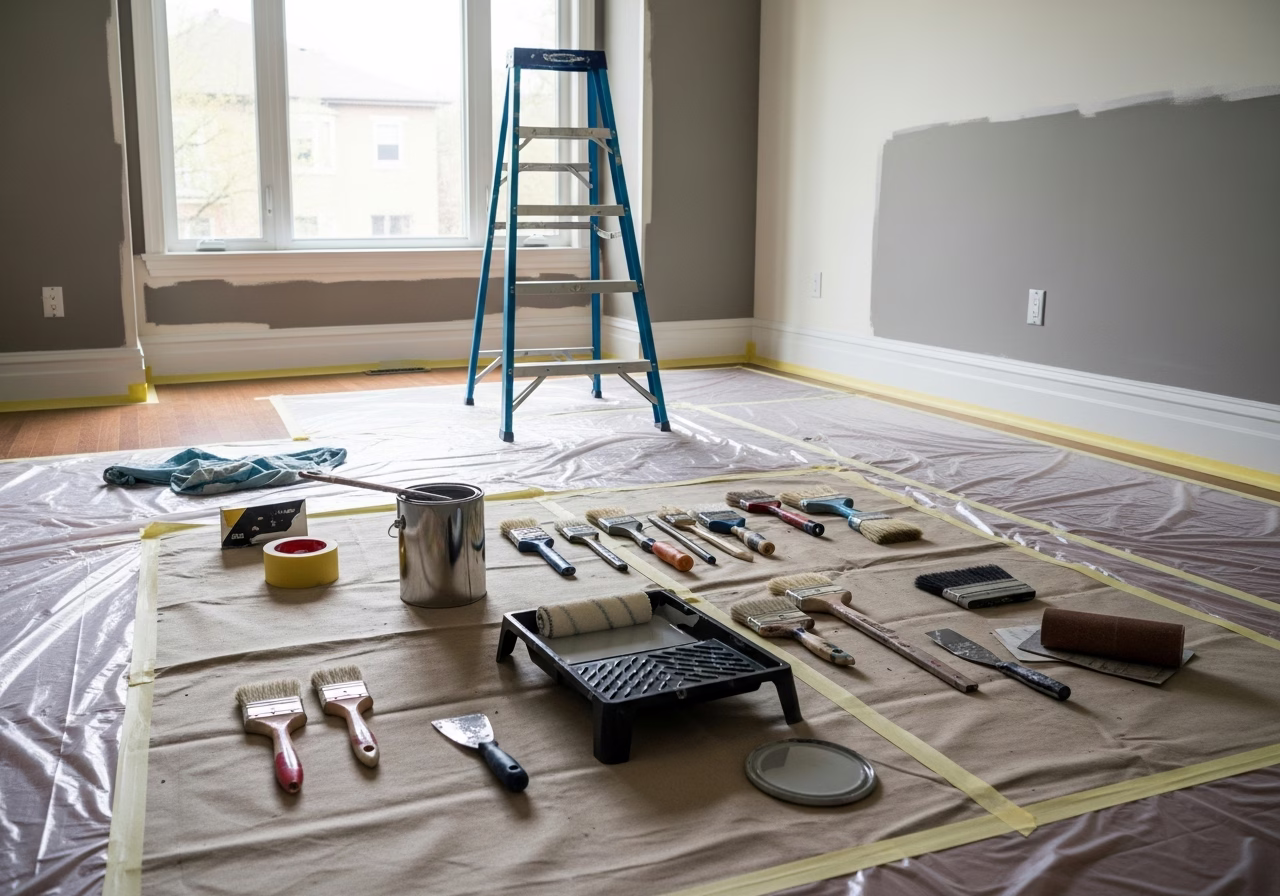 Interior Painting Cabbagetown tools and materials staged in Toronto home