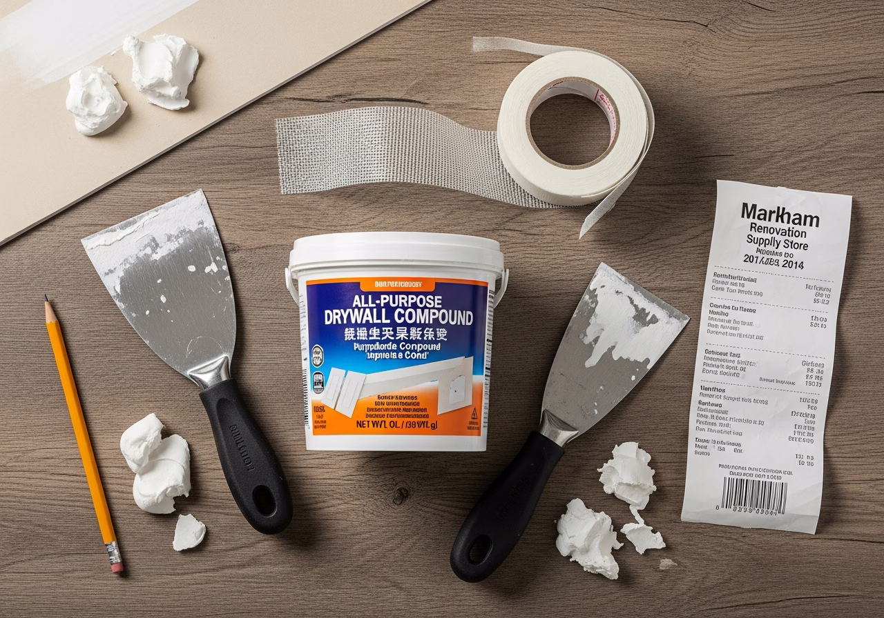 Drywall repair materials for Markham residential project — compound, mesh, scrapers