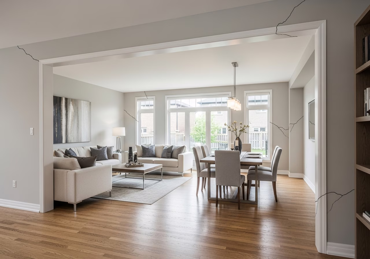 Wall cracks at architectural details in Markham Cornell modern subdivision home