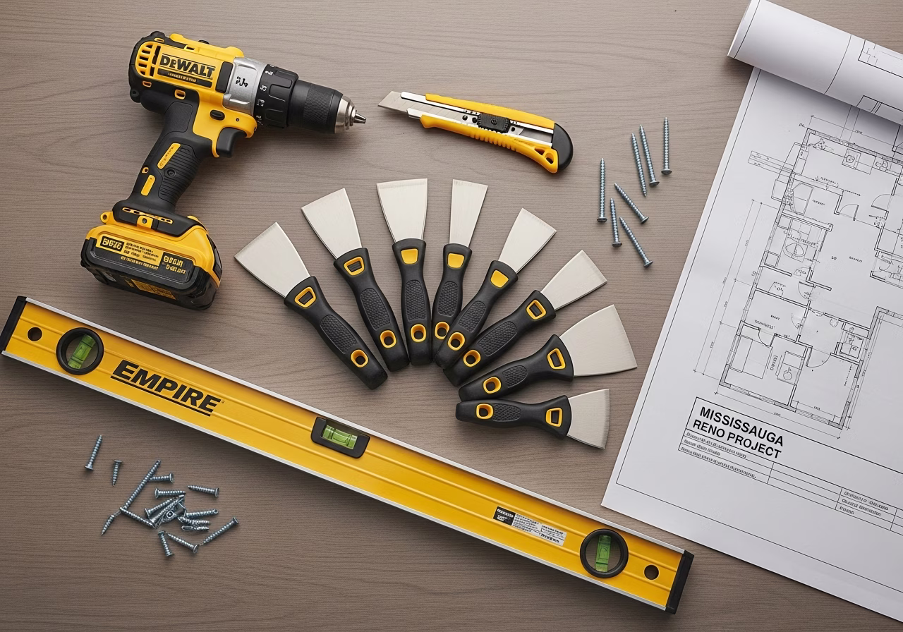 Residential drywall tools โ DeWALT drill, Stanley knife, Empire level, taping knives
