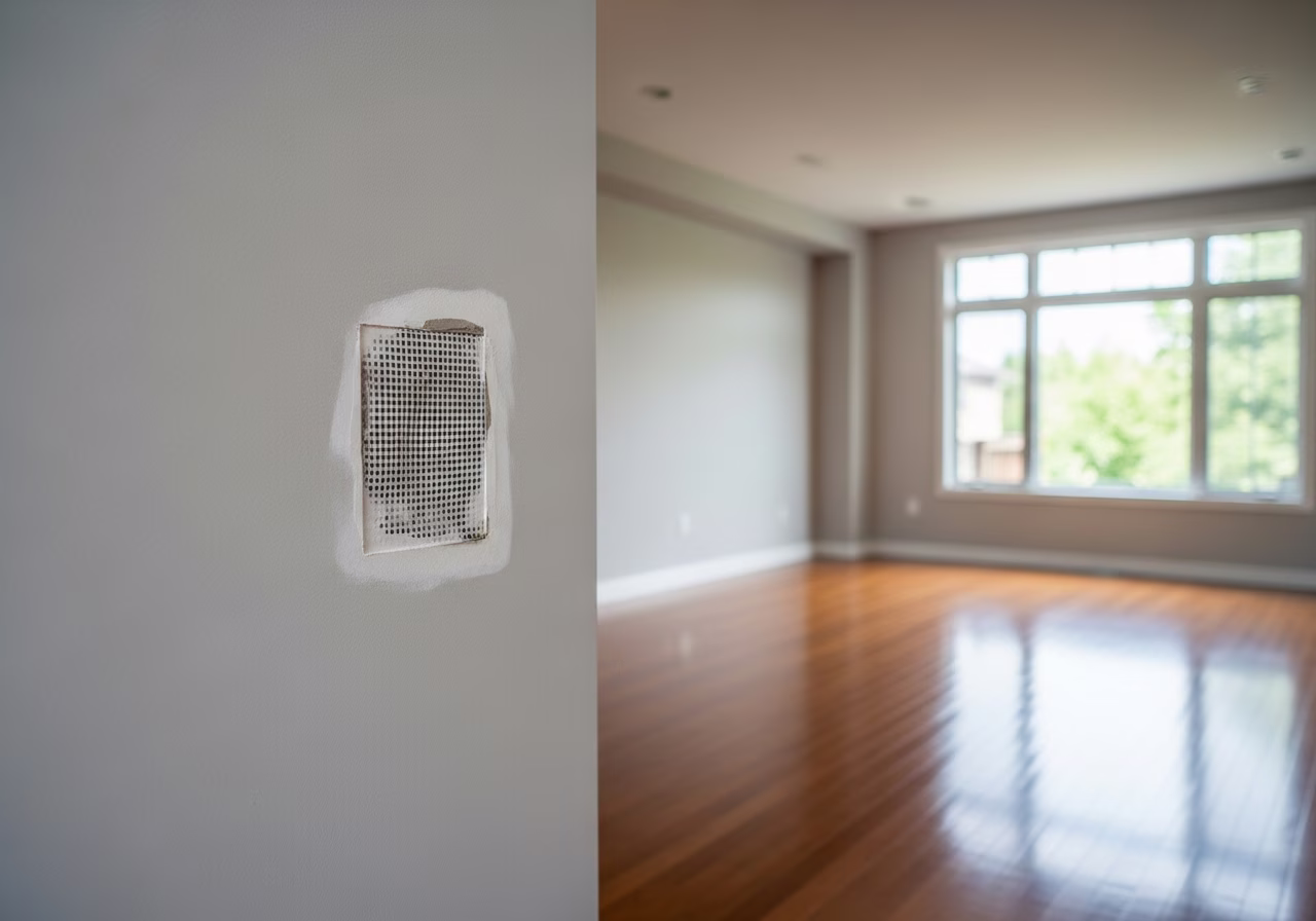 Furniture-impact hole repair in Mississauga Erin Mills townhouse โ mesh patch in progress