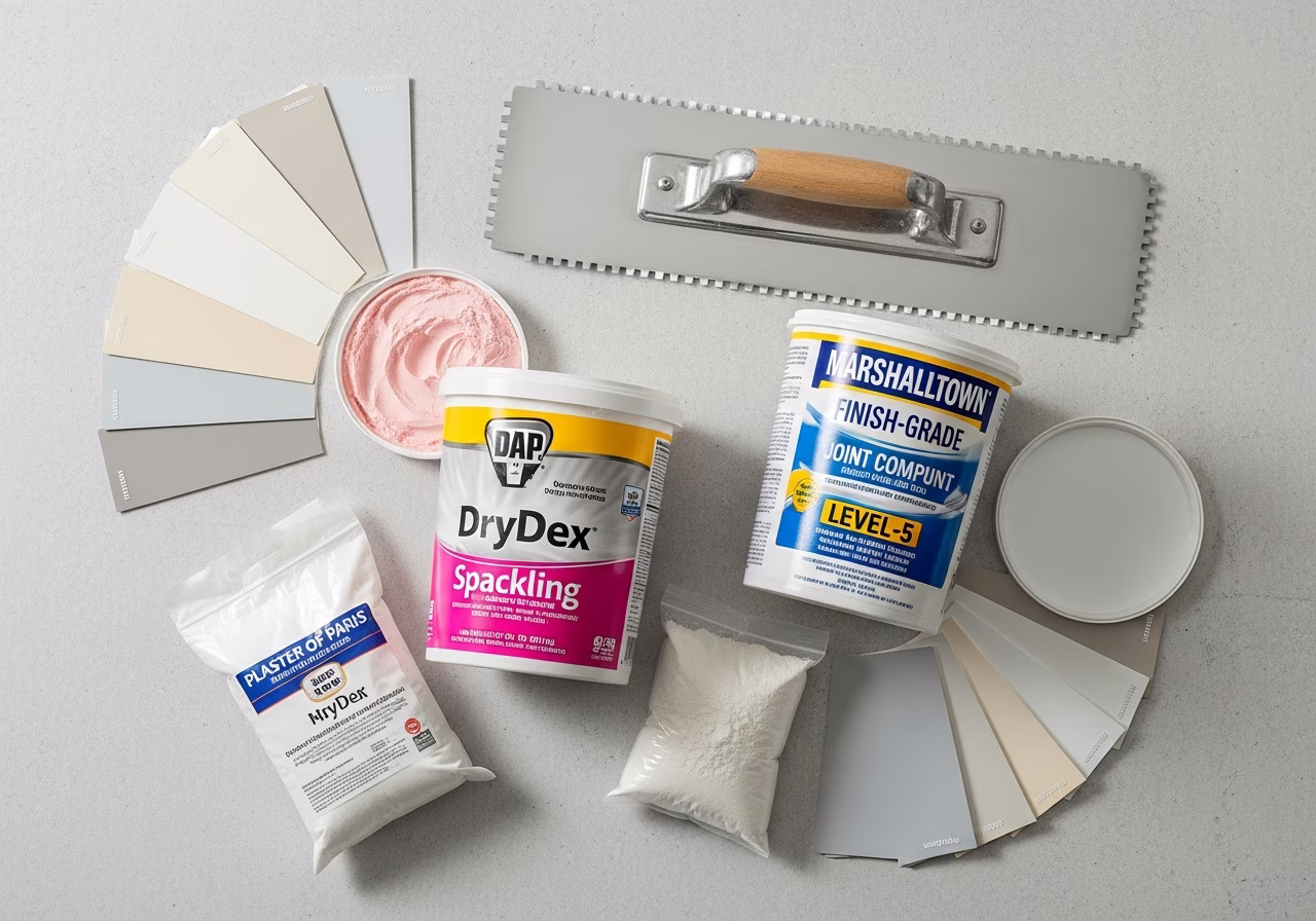 Premium drywall and plaster materials โ DAP DryDex, Plaster of Paris, Marshalltown trowel