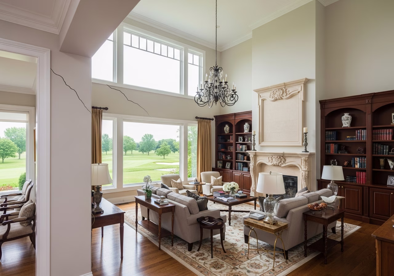 Wall crack near double-height window in Oakville Glen Abbey executive home