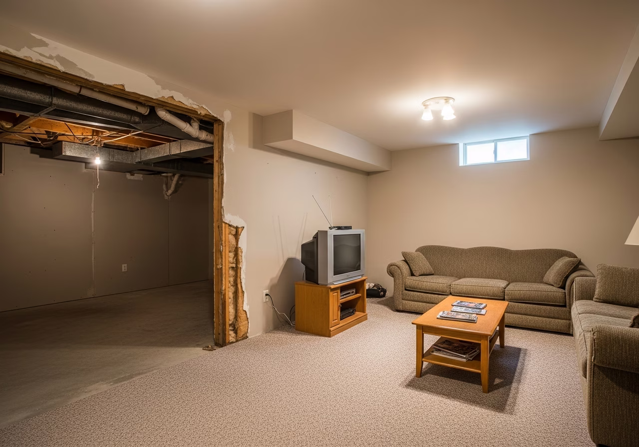 Drywall damage in Pickering Liverpool 90s subdivision basement family room